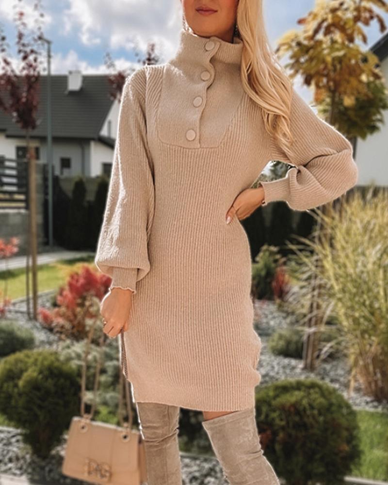 Button Front Lantern Sleeve Knit Sweater Dress