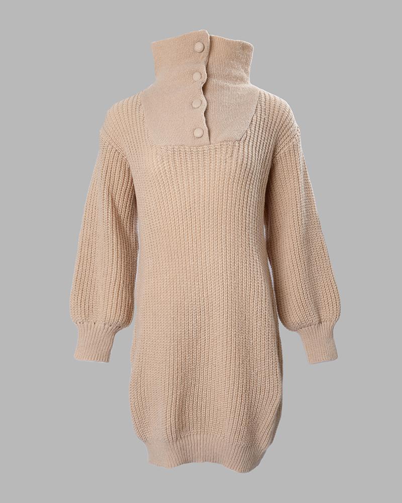 Button Front Lantern Sleeve Knit Sweater Dress