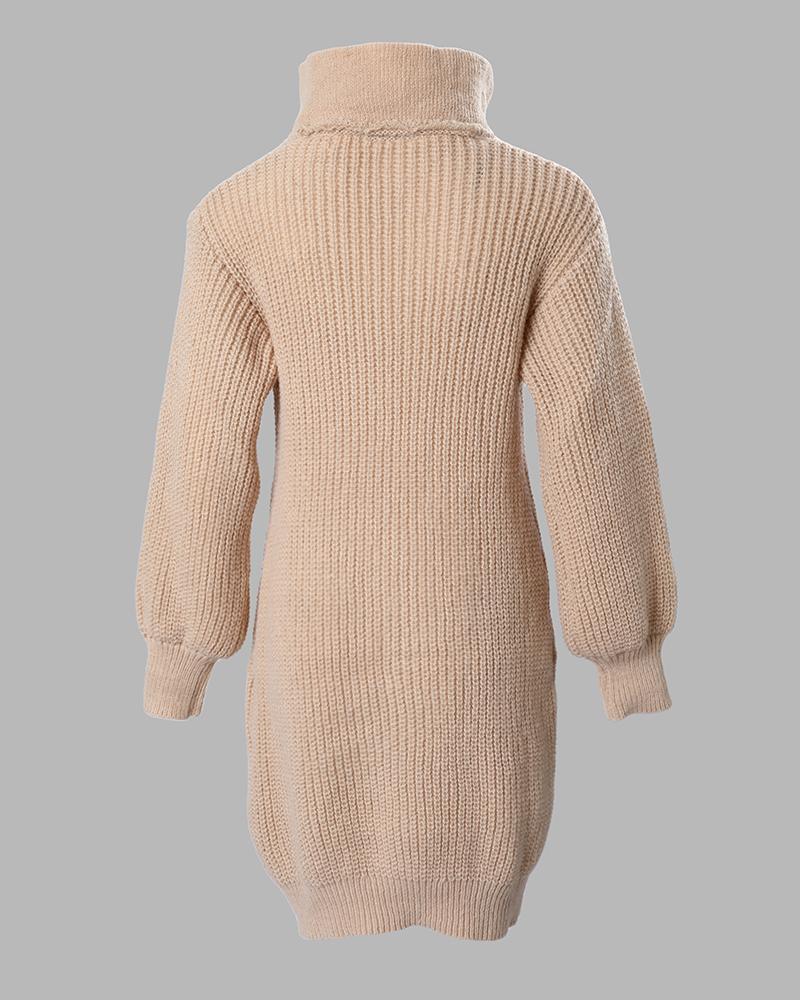 Button Front Lantern Sleeve Knit Sweater Dress