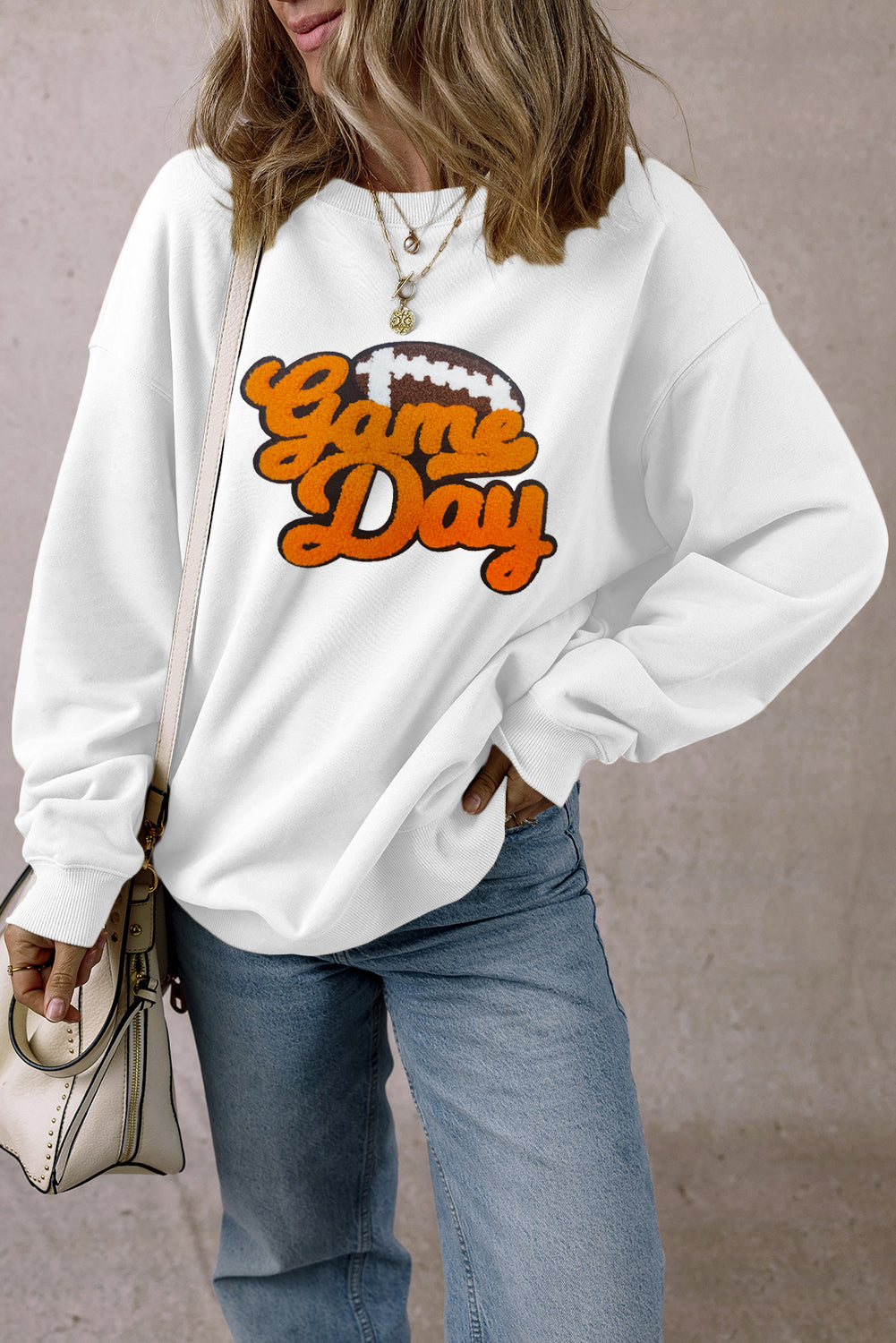 White Chenille Game Day Rugby Football Pattern Pullover Sweatshirt