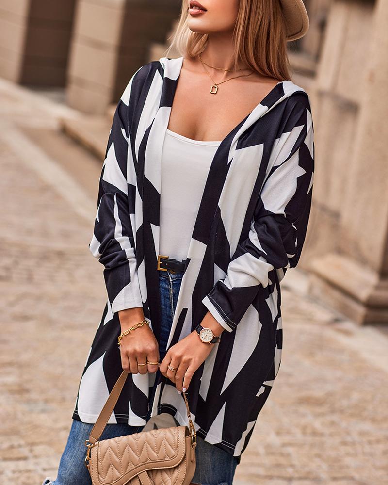 Geometric Print Hooded Long Sleeve Coat