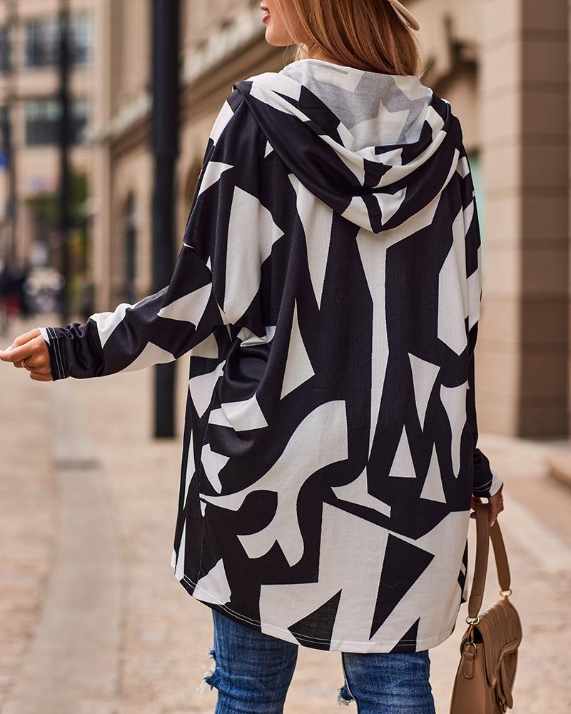 Geometric Print Hooded Long Sleeve Coat