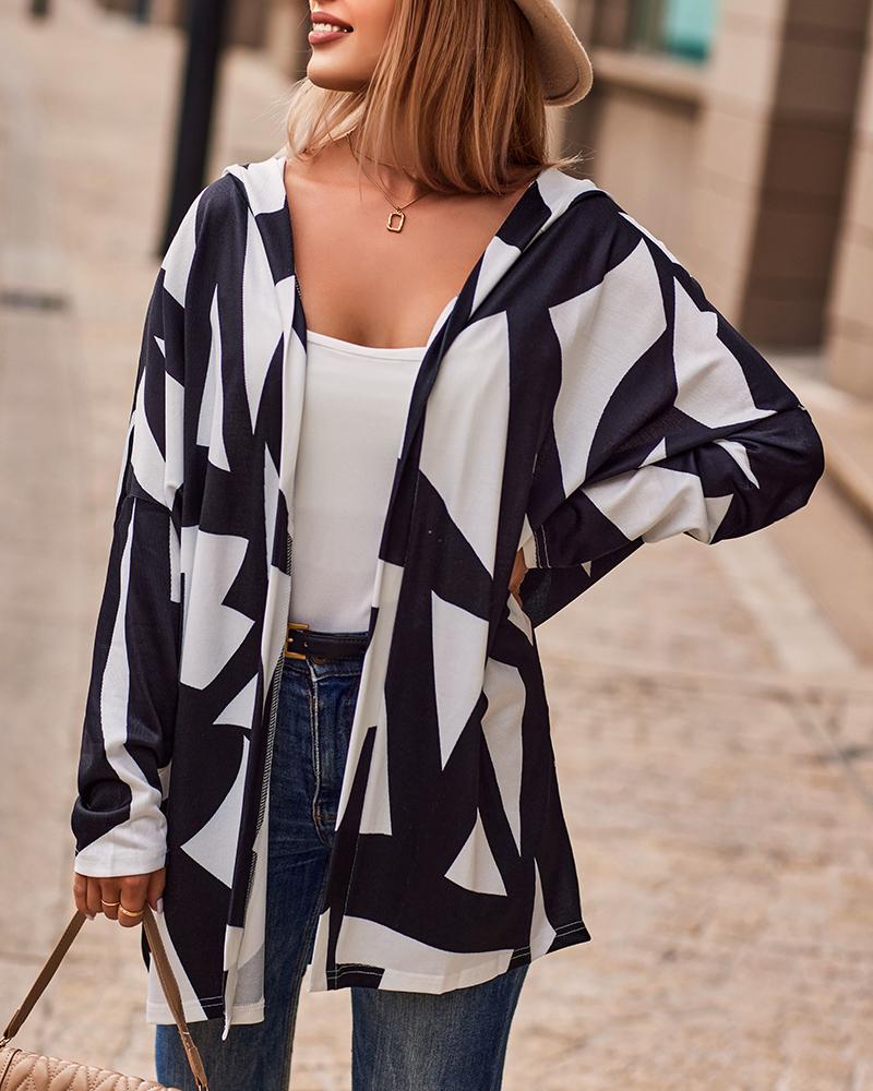 Geometric Print Hooded Long Sleeve Coat