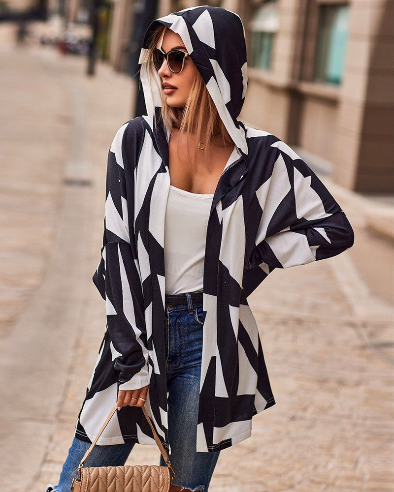 Geometric Print Hooded Long Sleeve Coat