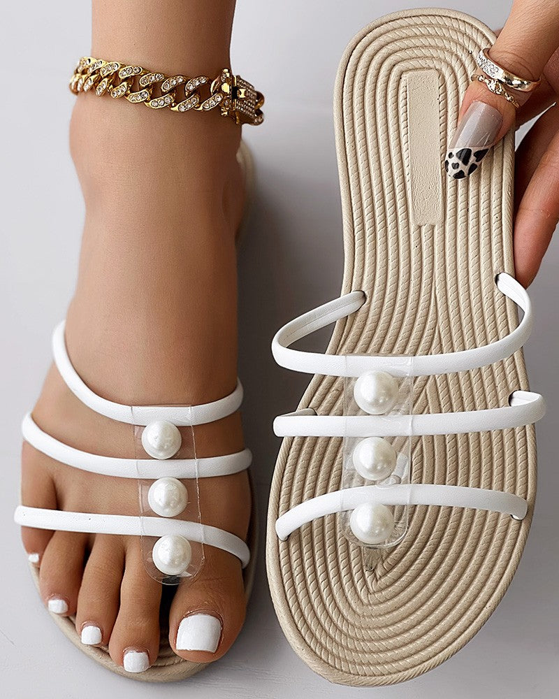 Multi Strap Pearls Decor Hollow Out Beach Slippers