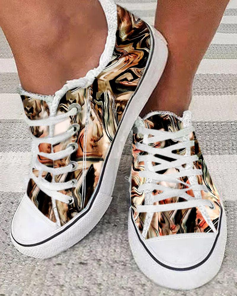 Marble Print Raw Hem Lace up Sneakers