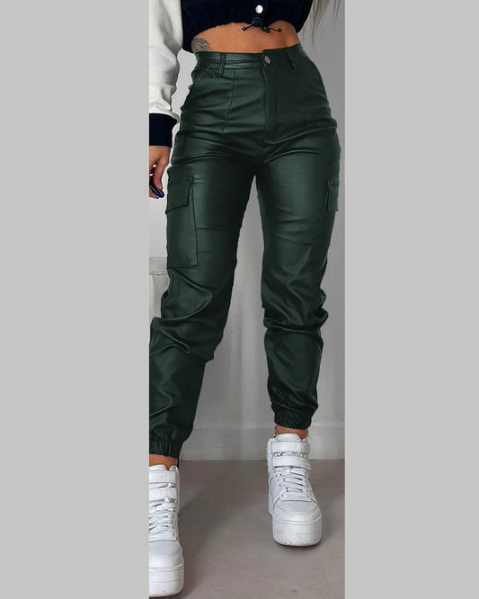 Pocket Design Cuffed PU Leather Pants