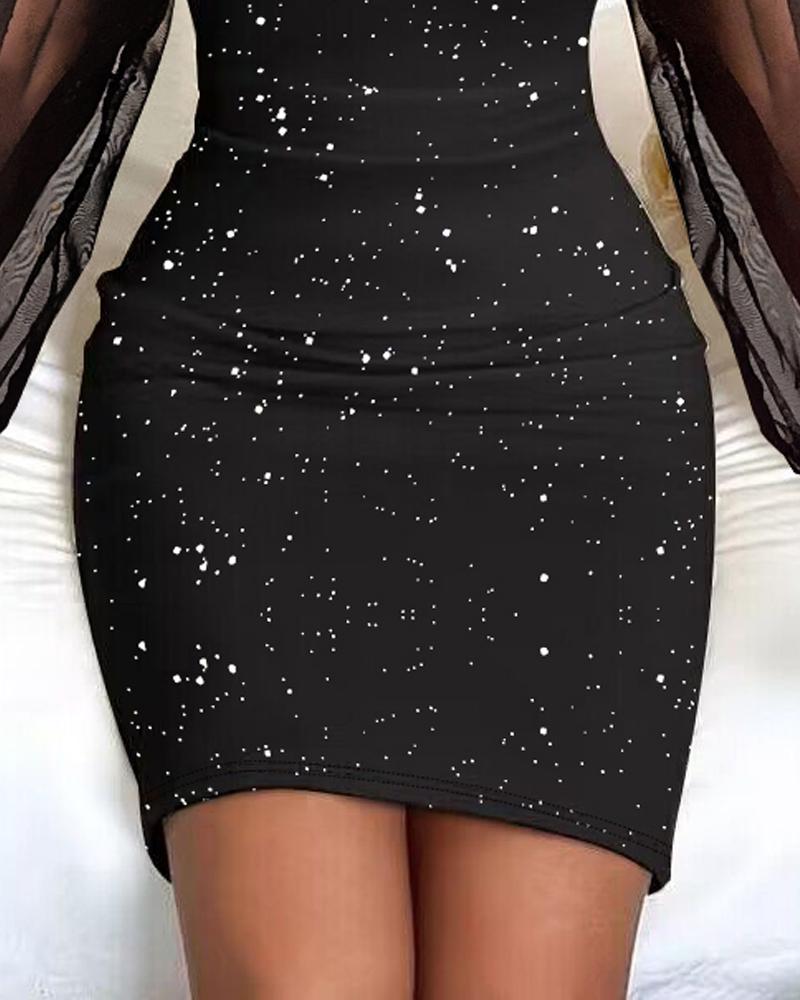 Split Sleeve Glitter Sheer Mesh Patch Bodycon Dress