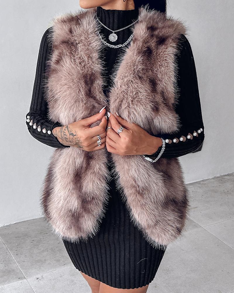 Tie Dye Pattern Open Front Fluffy Vest Coat