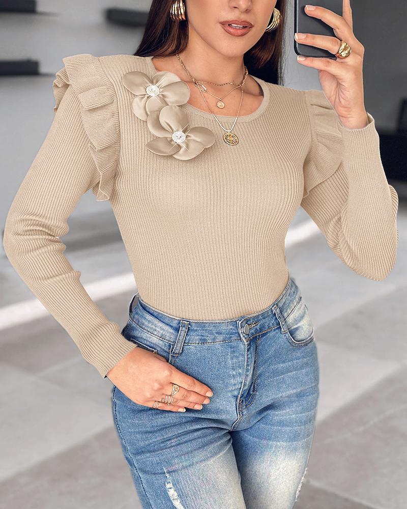 Floral Decor Ruffle Hem Long Sleeve Knit Sweater Top