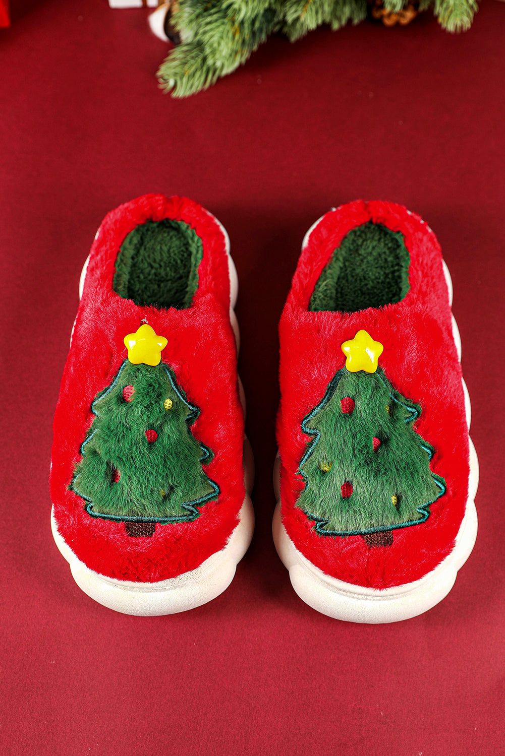 Fiery Red Christmas Tree Graphic Thick Sole Plush Slippers