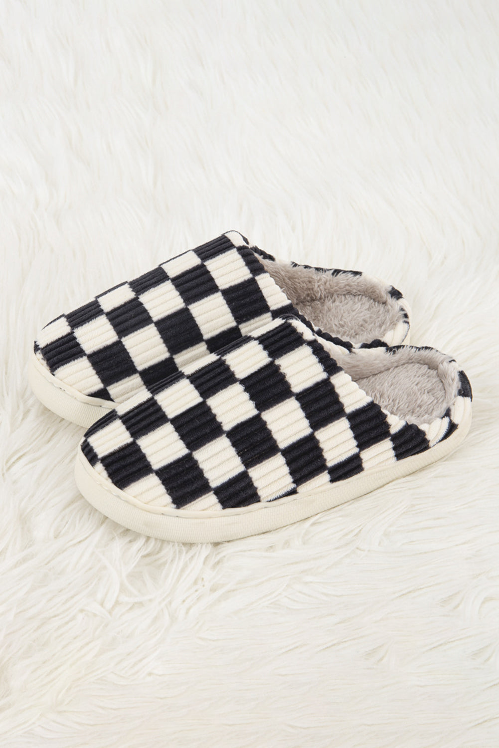 Black Checkered Print Ribbed Plush Lined Winter Slippers