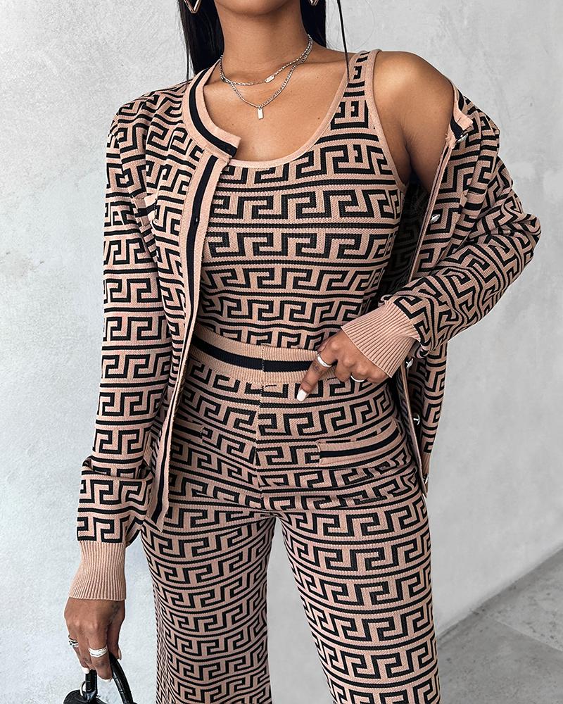 Geometric Pattern Tank Top & Pants Set With Cardigan