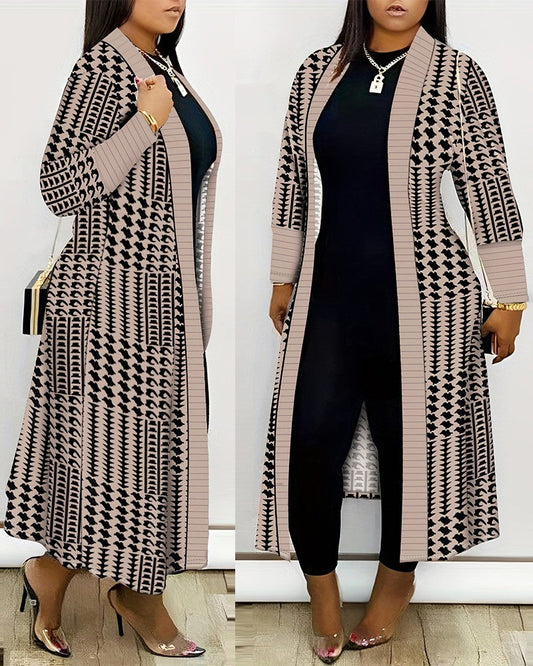 Plus Size Geometric Houndstooth Print Longline Coat