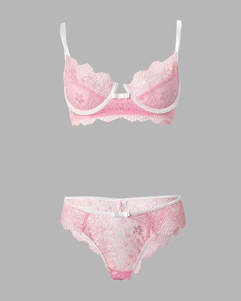 Contrast Binding Crochet Lace Bowknot Lingerie Set