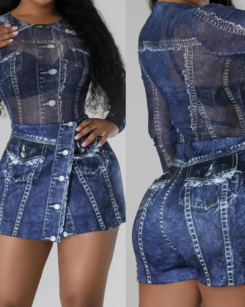 Denim Look Print Long Sleeve Top & Skorts Set