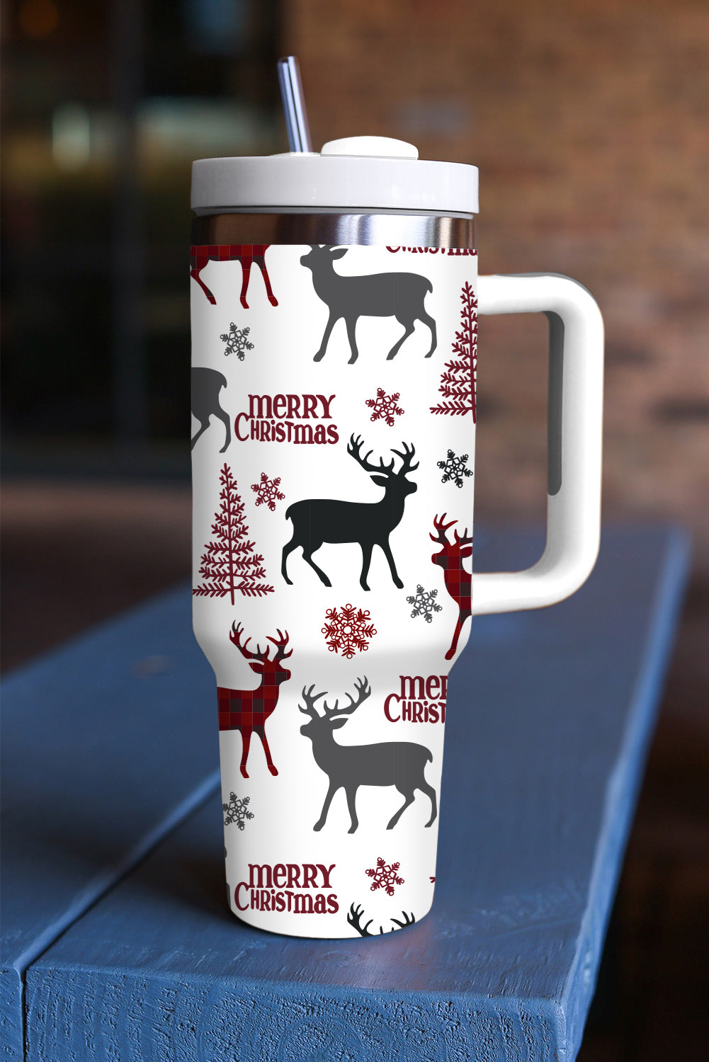 White Merry Christmas Tree Snowflake Elk Print Handle Tumbler