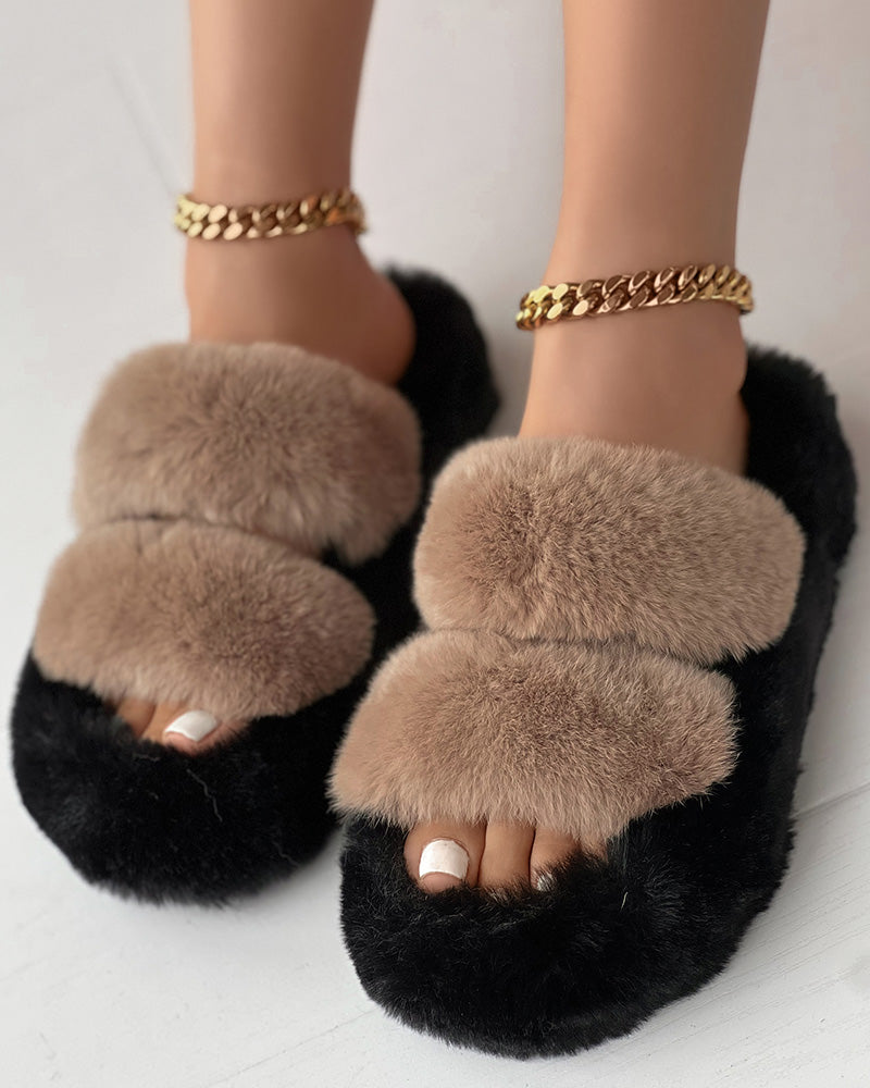 Double Strap Round Toe Fuzzy Slippers