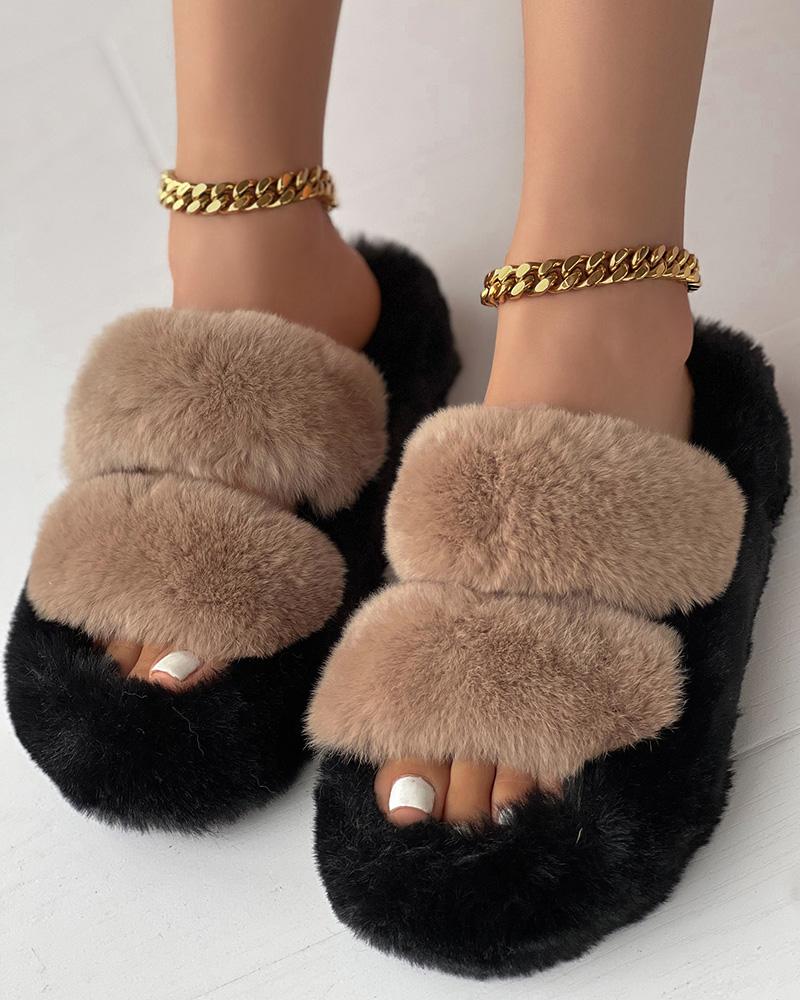 Double Strap Round Toe Fuzzy Slippers