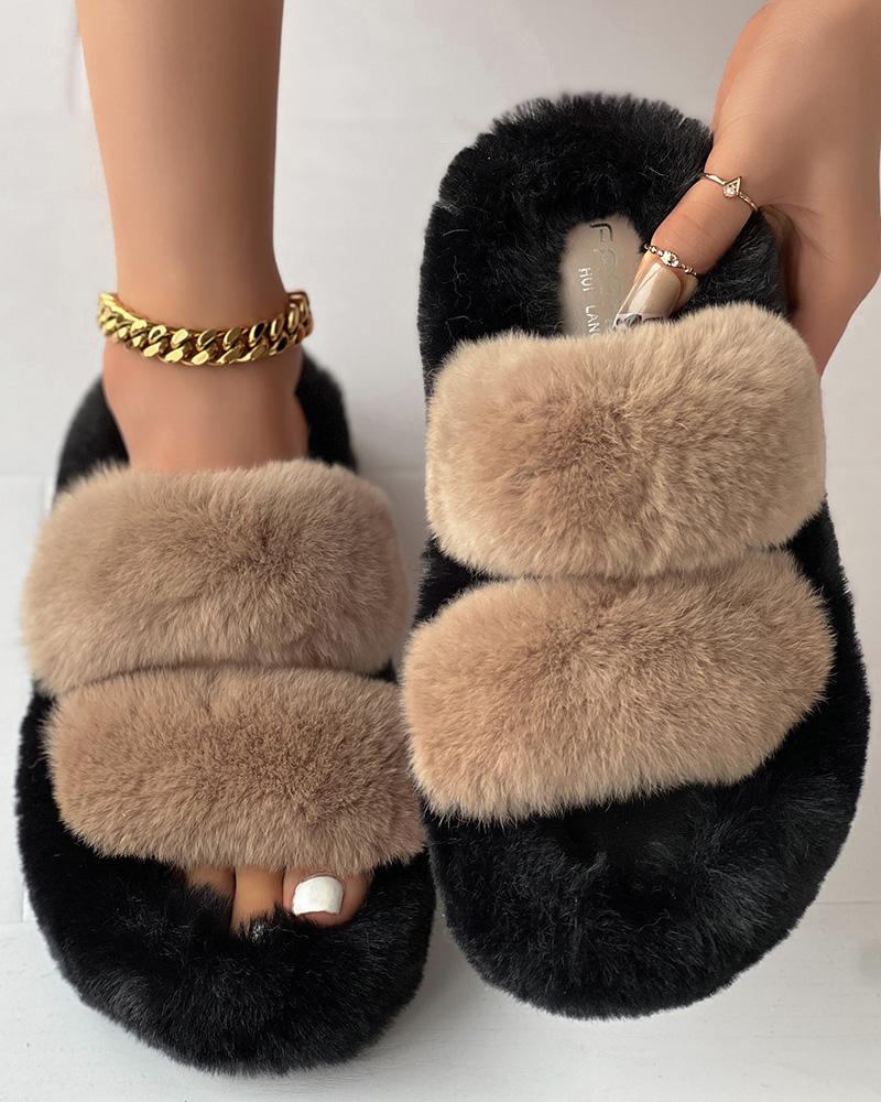 Double Strap Round Toe Fuzzy Slippers