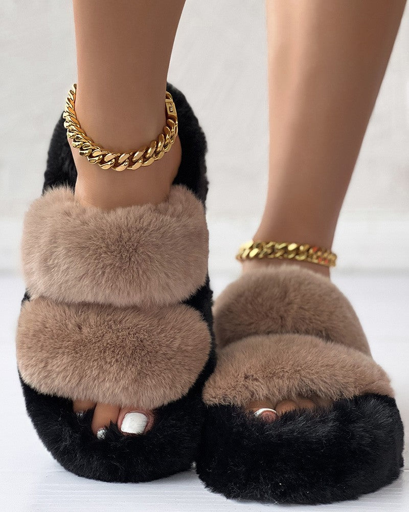 Double Strap Round Toe Fuzzy Slippers