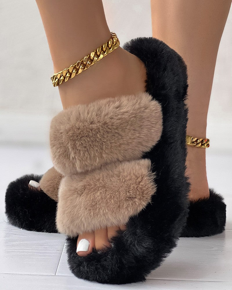 Double Strap Round Toe Fuzzy Slippers