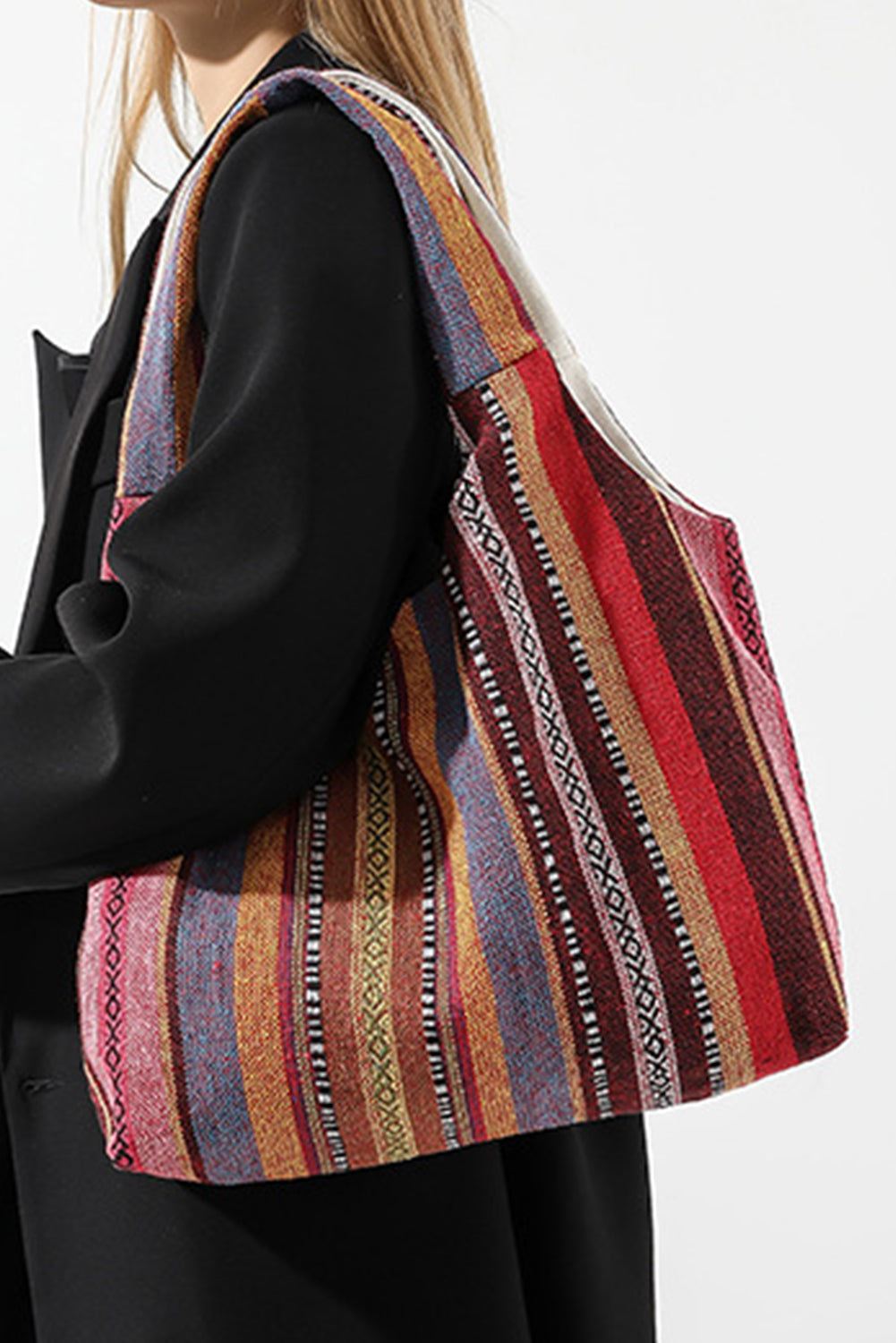 Fiery Red Multiple Ethnic Stripes Print Canvas Tote Bag