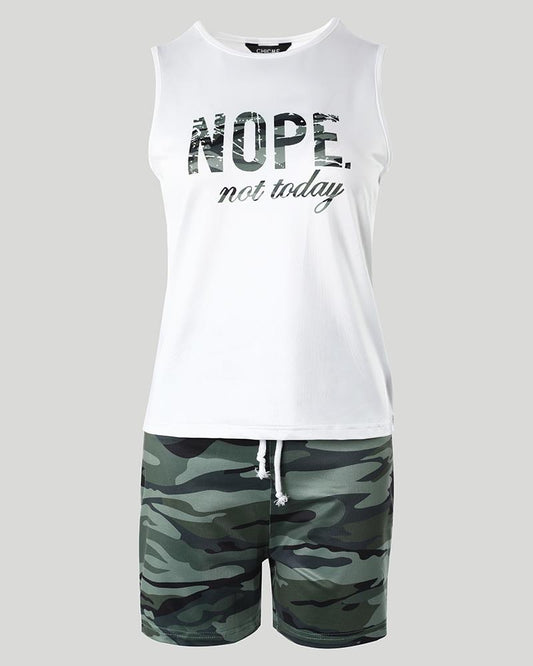 Nope Not Today Camouflage Print Casual Tank Top & Shorts Set