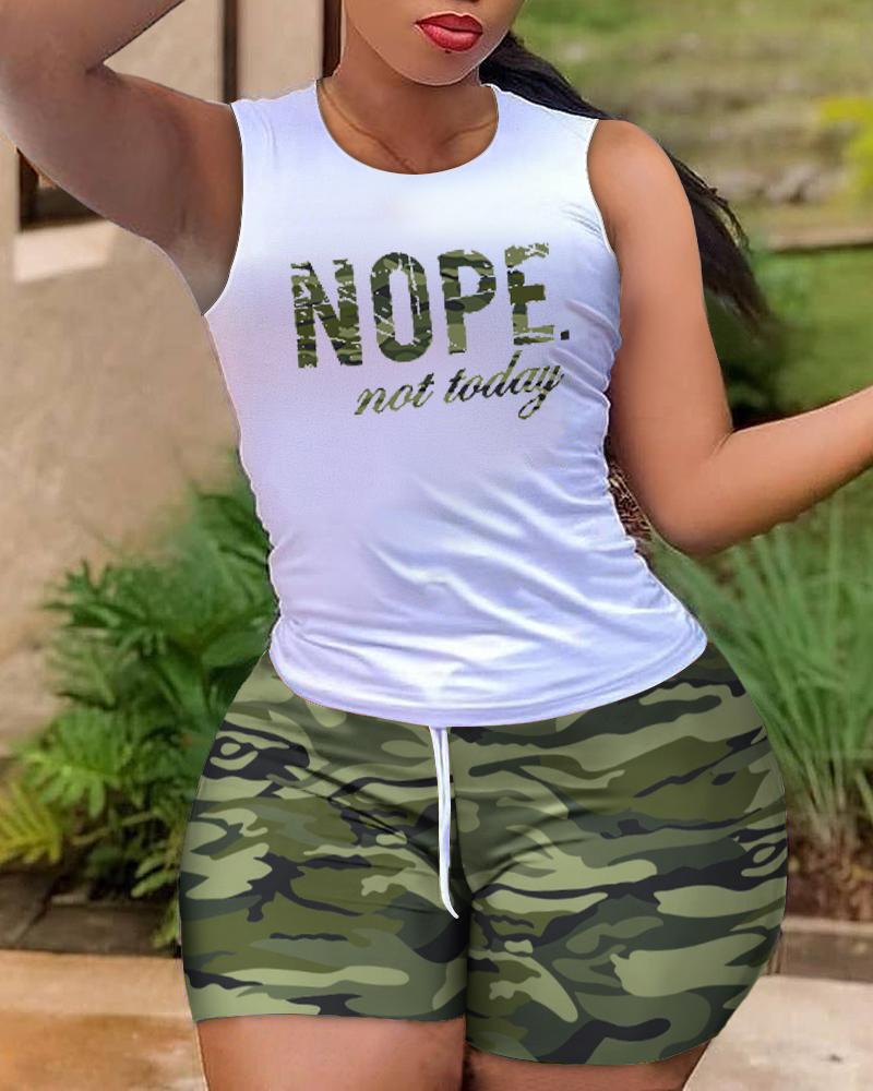 Nope Not Today Camouflage Print Casual Tank Top & Shorts Set