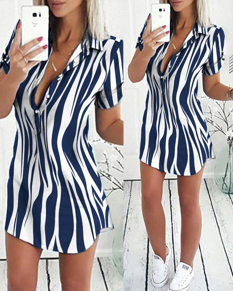 Zebra Stripe Print Button Front Shirt Dress