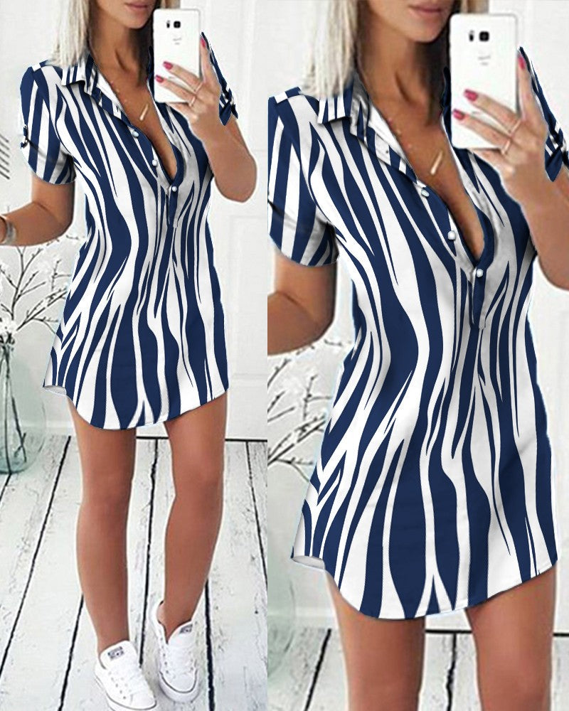 Zebra Stripe Print Button Front Shirt Dress