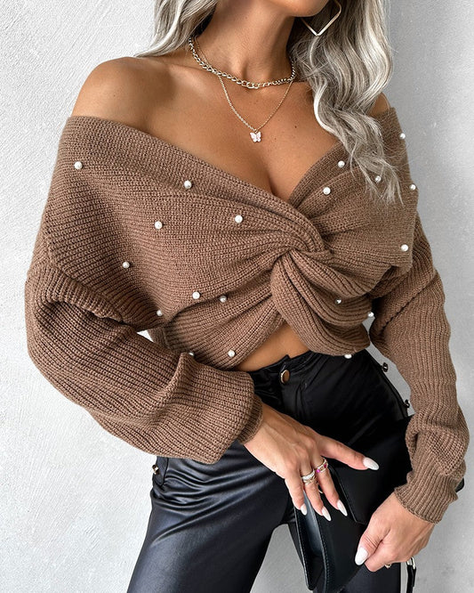 V Neck Long Sleeve Beaded Twisted Knit Sweater