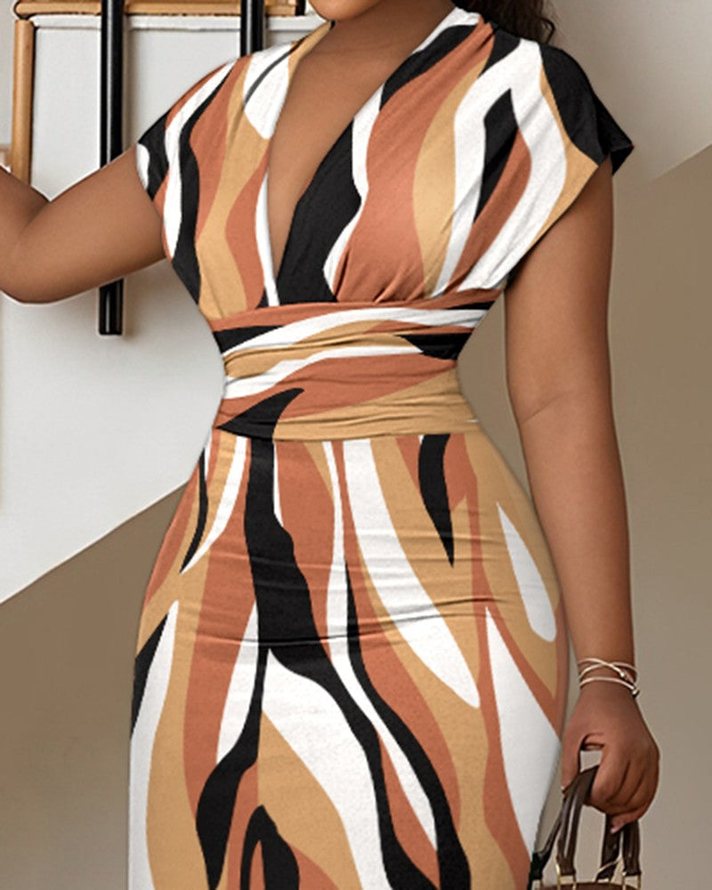 Abstract Print Cap Sleeve Midi Dress