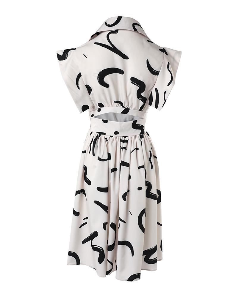 Abstract Print Flutter Sleeve Pleated Casual Dress