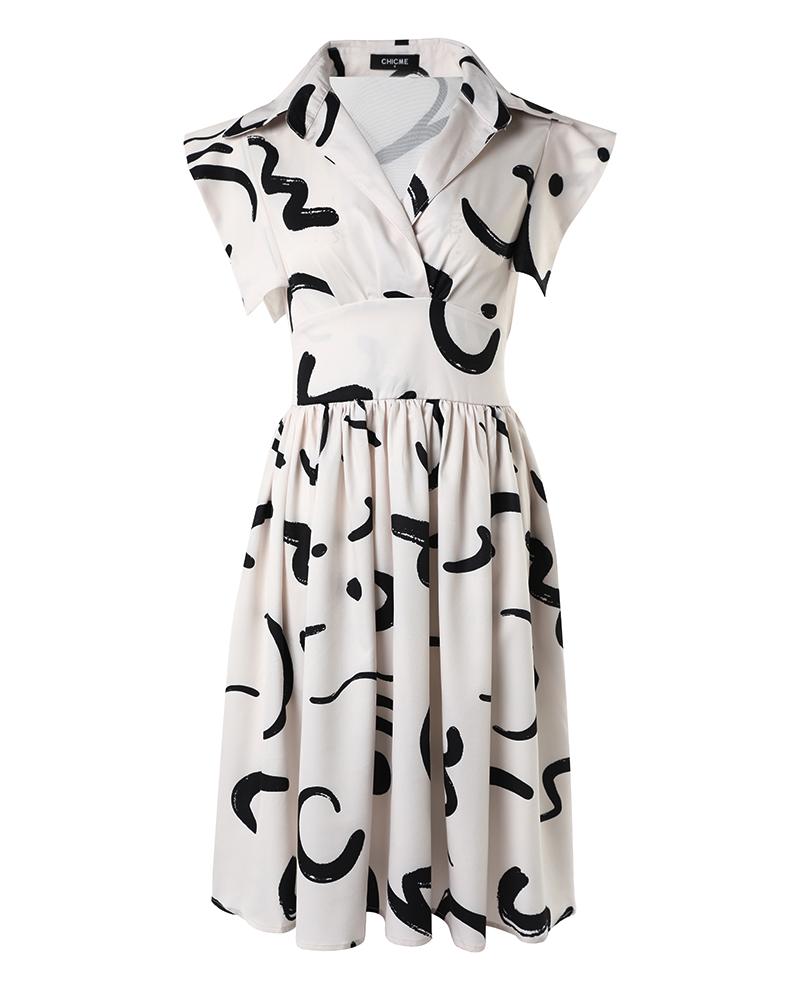 Abstract Print Flutter Sleeve Pleated Casual Dress