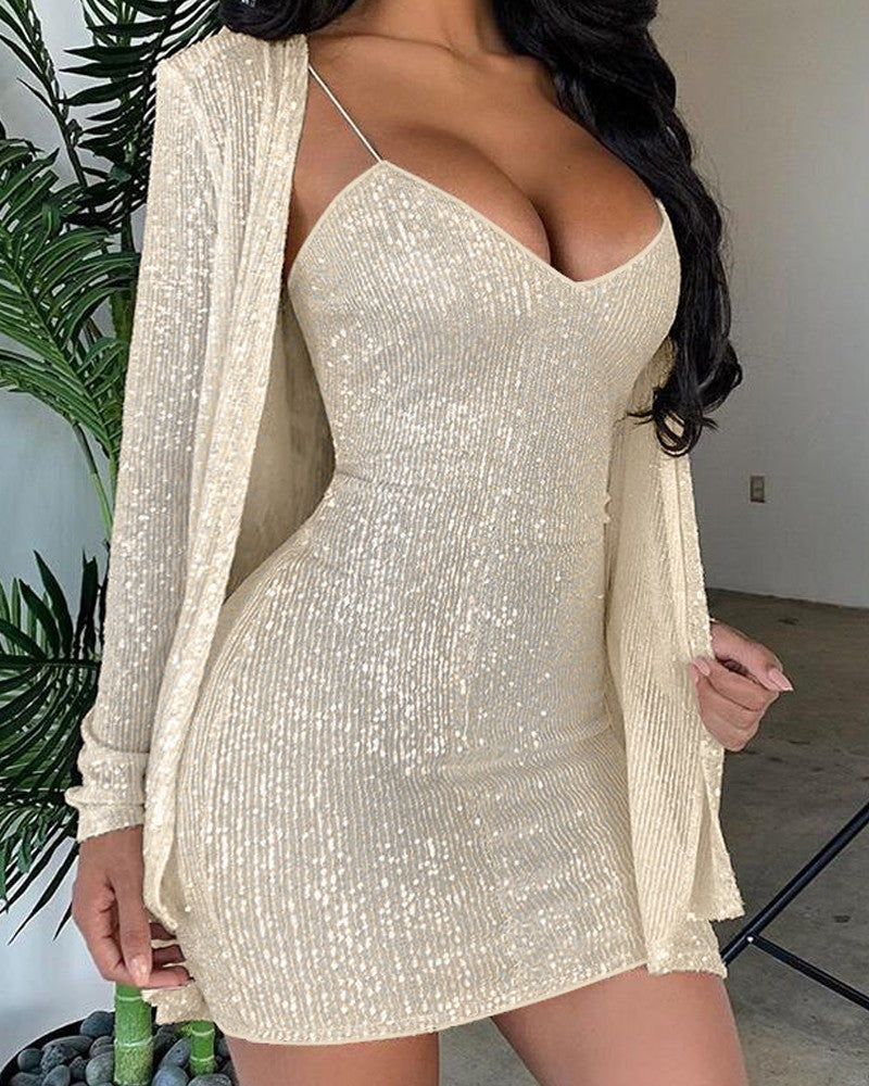 2 Piece Deep V Neck Allover Sequins Slim Fit Elasticity Bodycon Party Cardigan Set