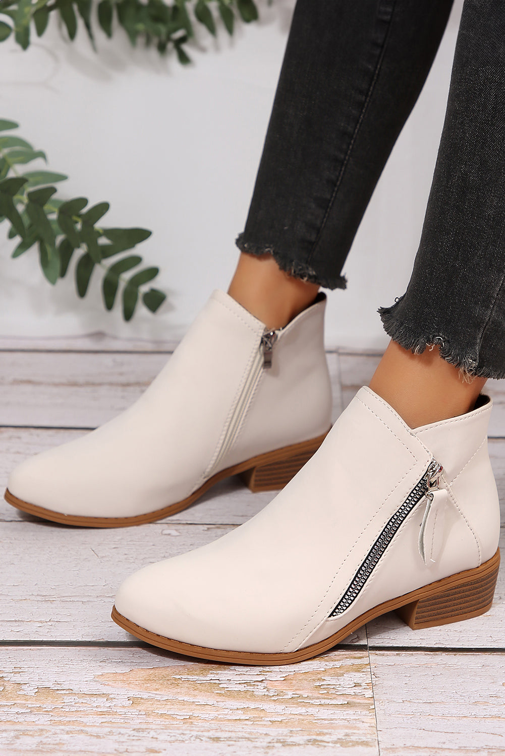 White Faux Leather Double Zip Low Heel Ankle Boots