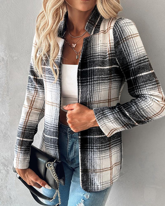 Plaid Pattern Notched Collar Blazer Coat