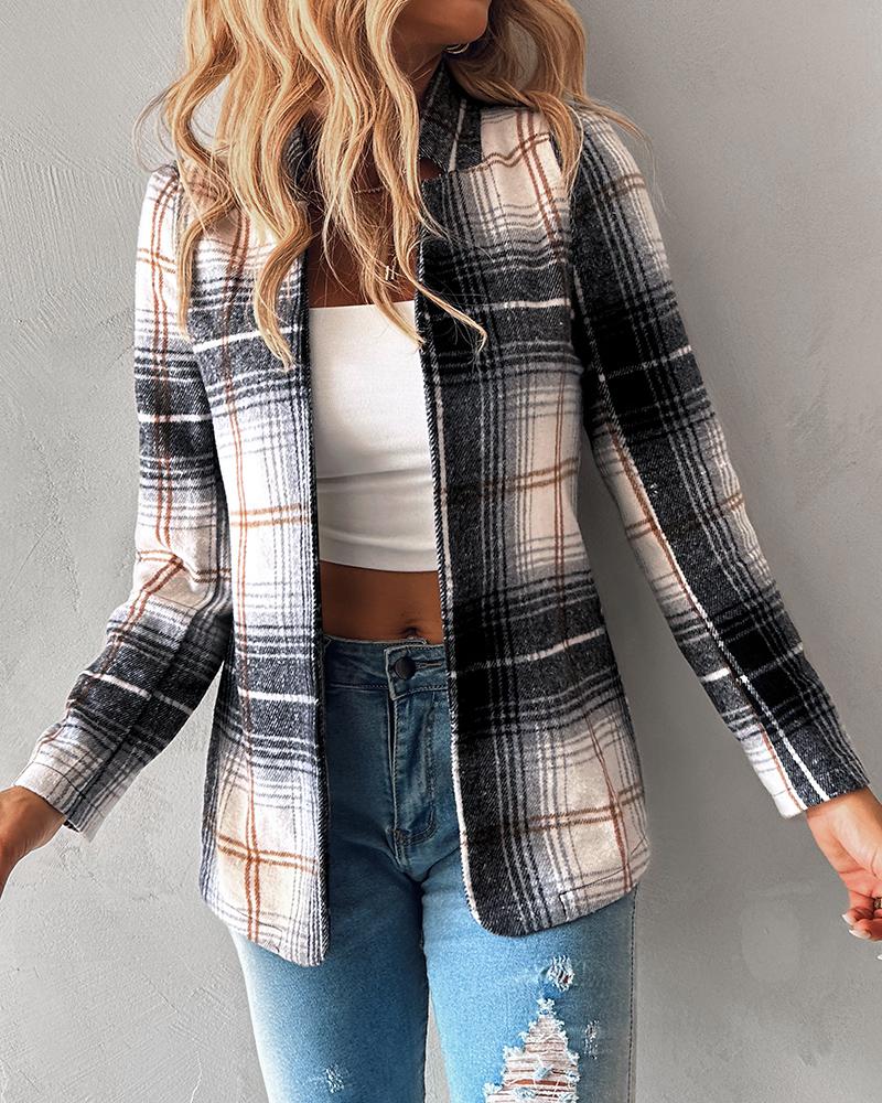 Plaid Pattern Notched Collar Blazer Coat