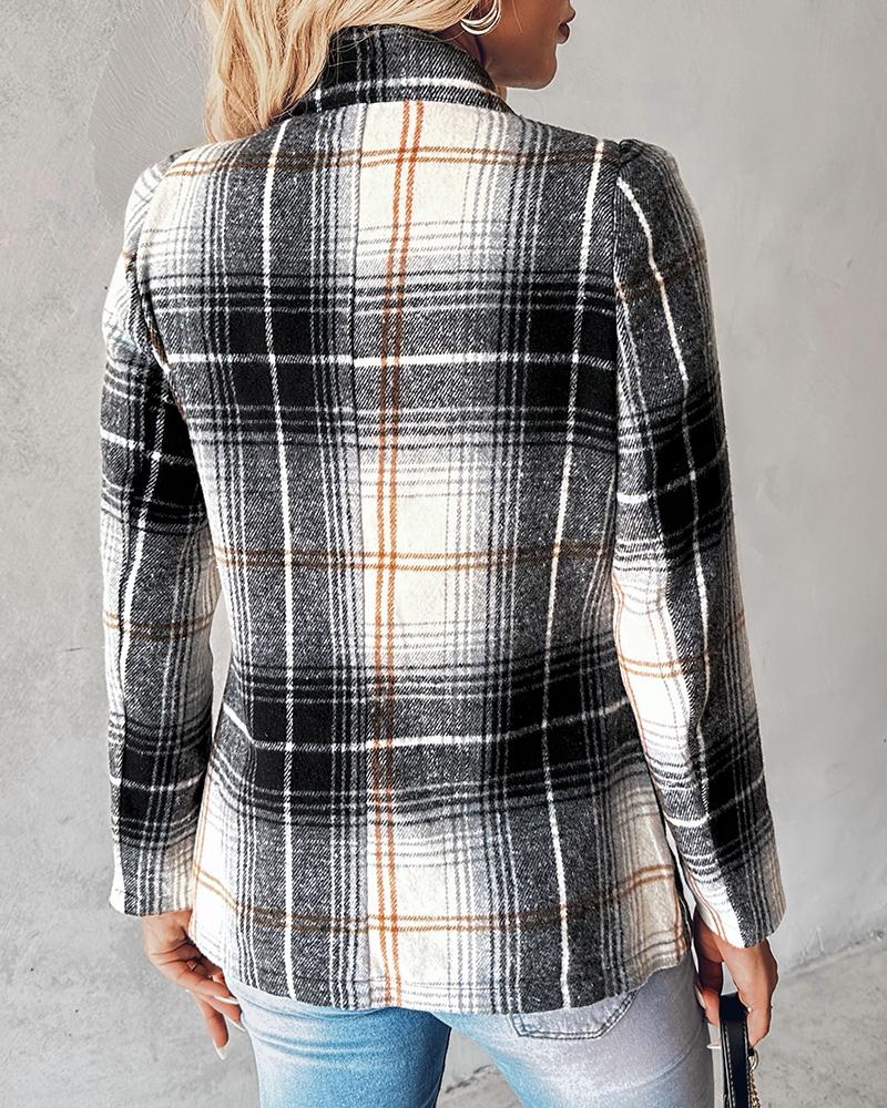 Plaid Pattern Notched Collar Blazer Coat