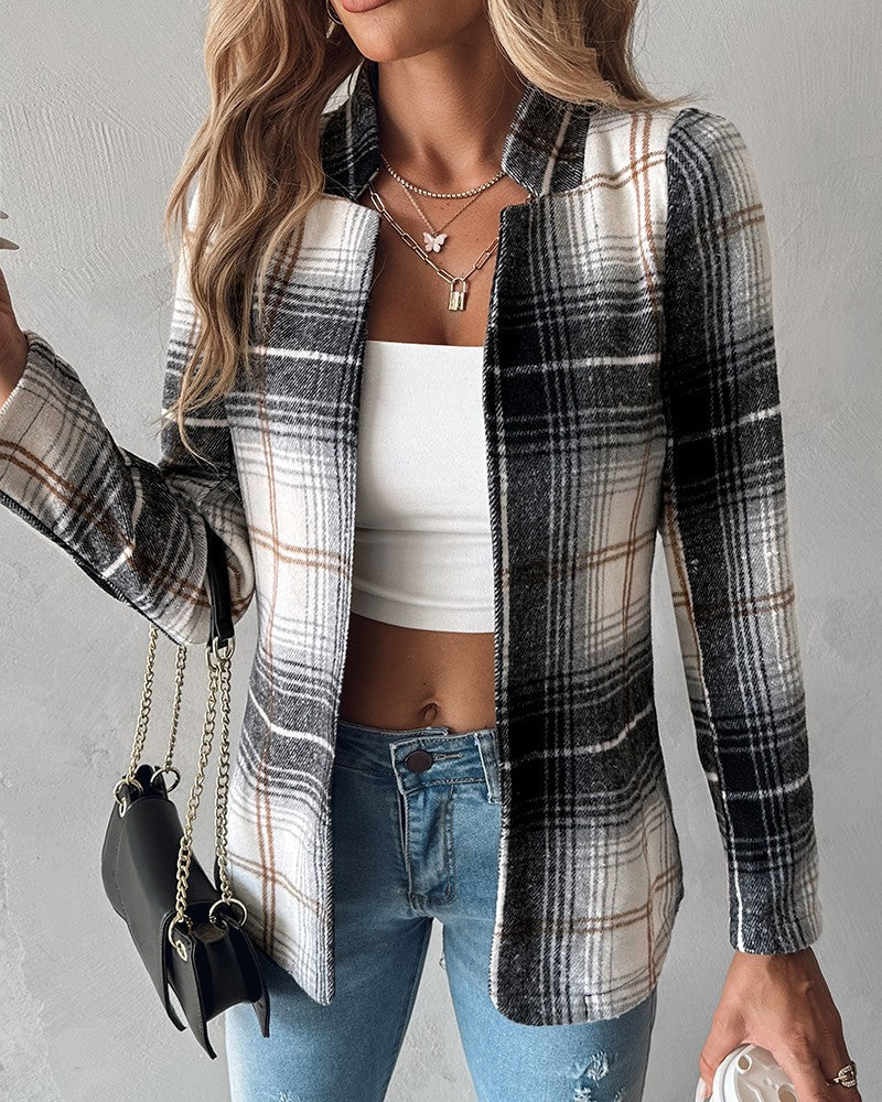 Plaid Pattern Notched Collar Blazer Coat