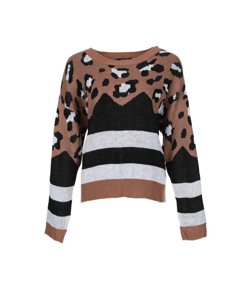 Striped Leopard Pattern Long Sleeve Knit Sweater