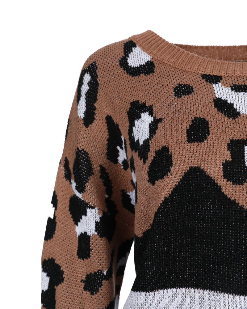 Striped Leopard Pattern Long Sleeve Knit Sweater