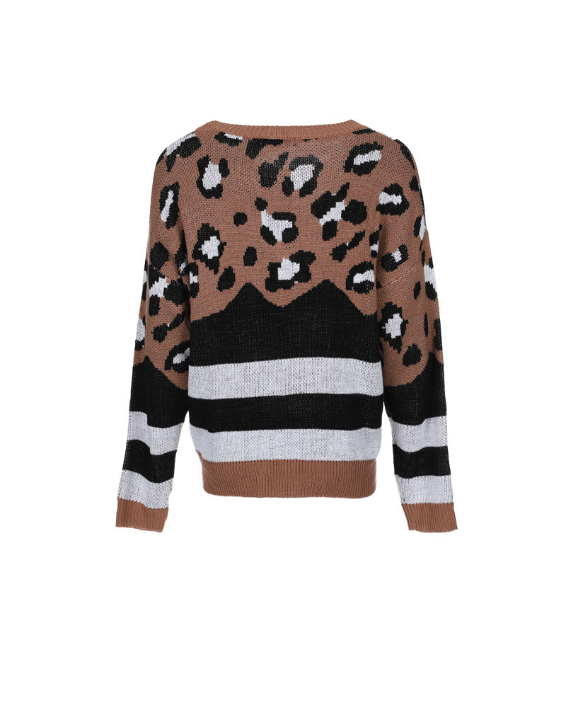 Striped Leopard Pattern Long Sleeve Knit Sweater