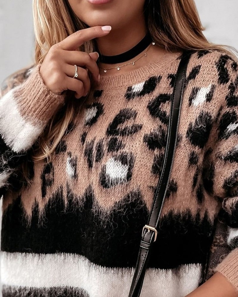 Striped Leopard Pattern Long Sleeve Knit Sweater