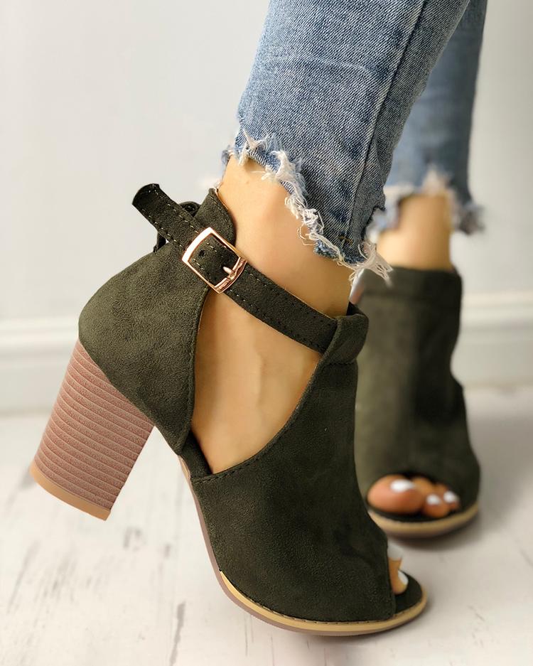 Side Cutout Open Toe Block Buckle Heels Sandals