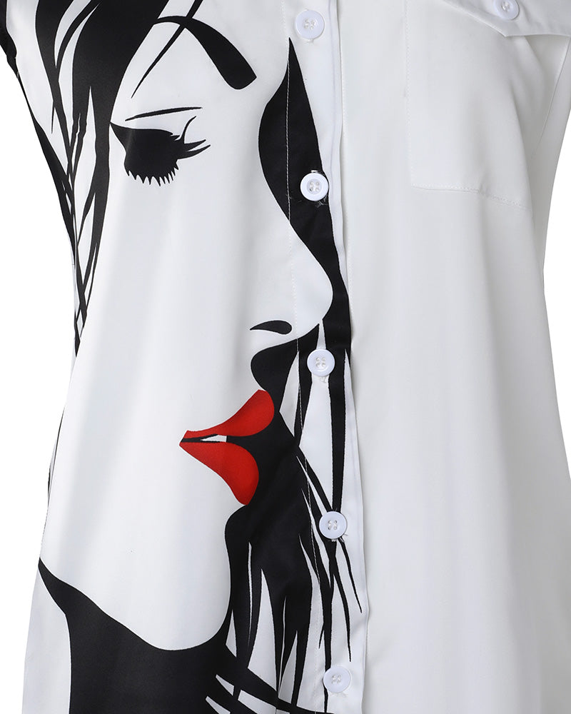 Figure Print Buttoned Pocket Design Shirt