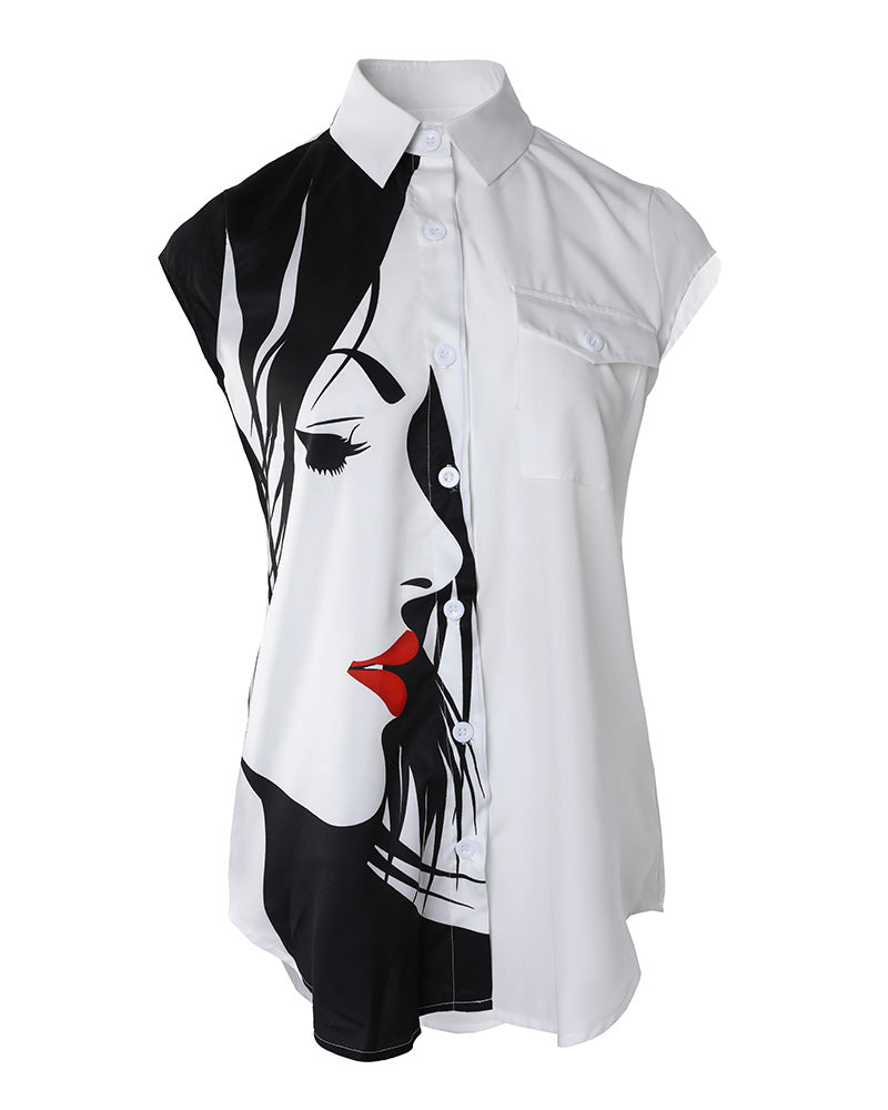 Figure Print Buttoned Pocket Design Shirt