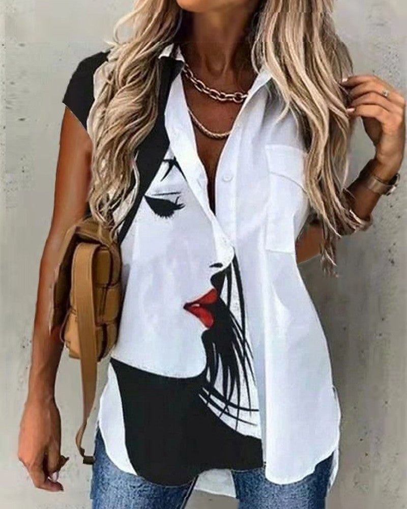 Figure Print Buttoned Pocket Design Shirt