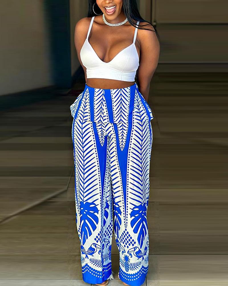 V Neck Cami Top & Tropical Print Wide Leg Pants Set